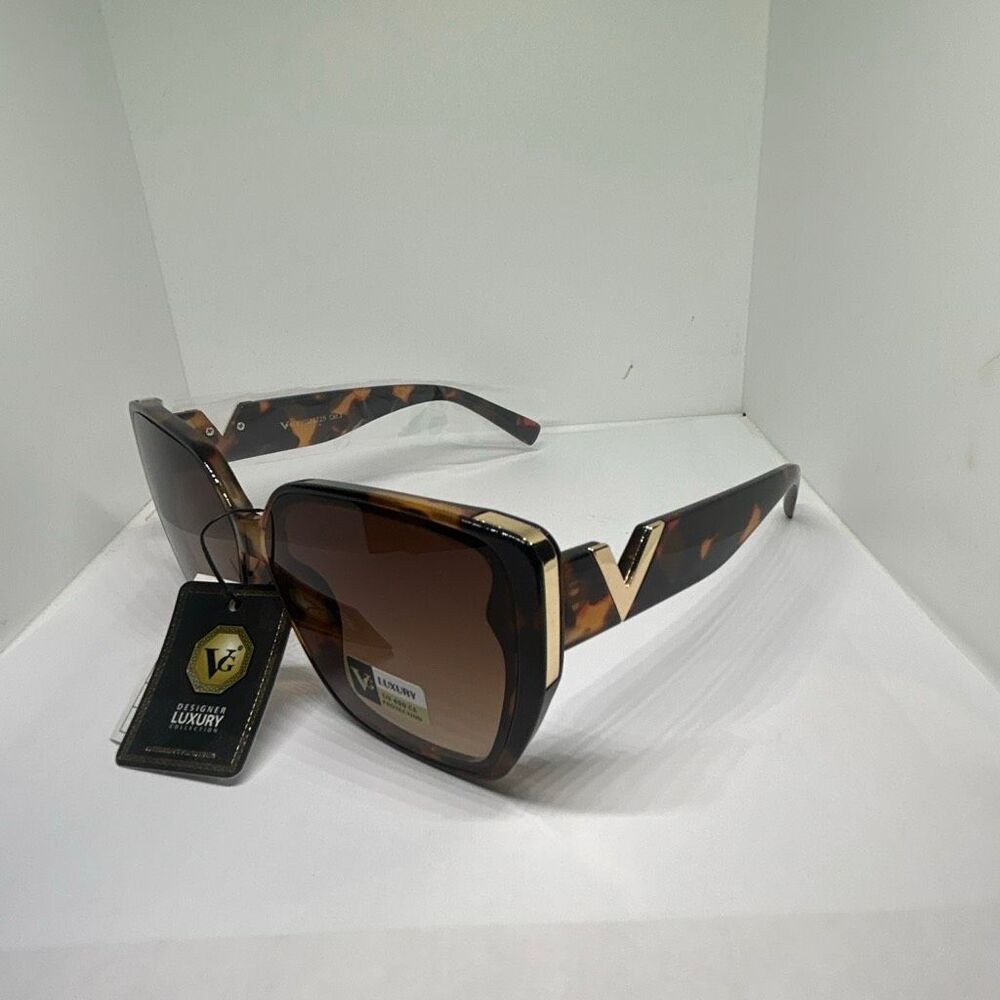VG Luxury Oversized Tortoise Sunglasses Gold V Accent UV400 Designer Style